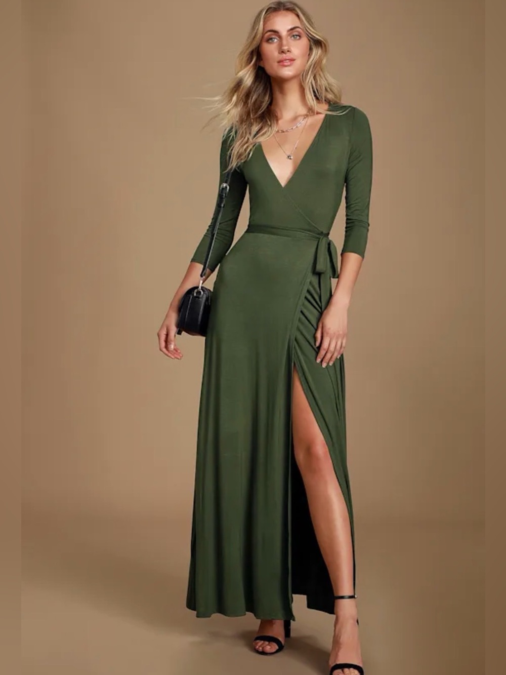 NWT Lulus Olive Green Wrap Maxi Dress with Side Slit size Small